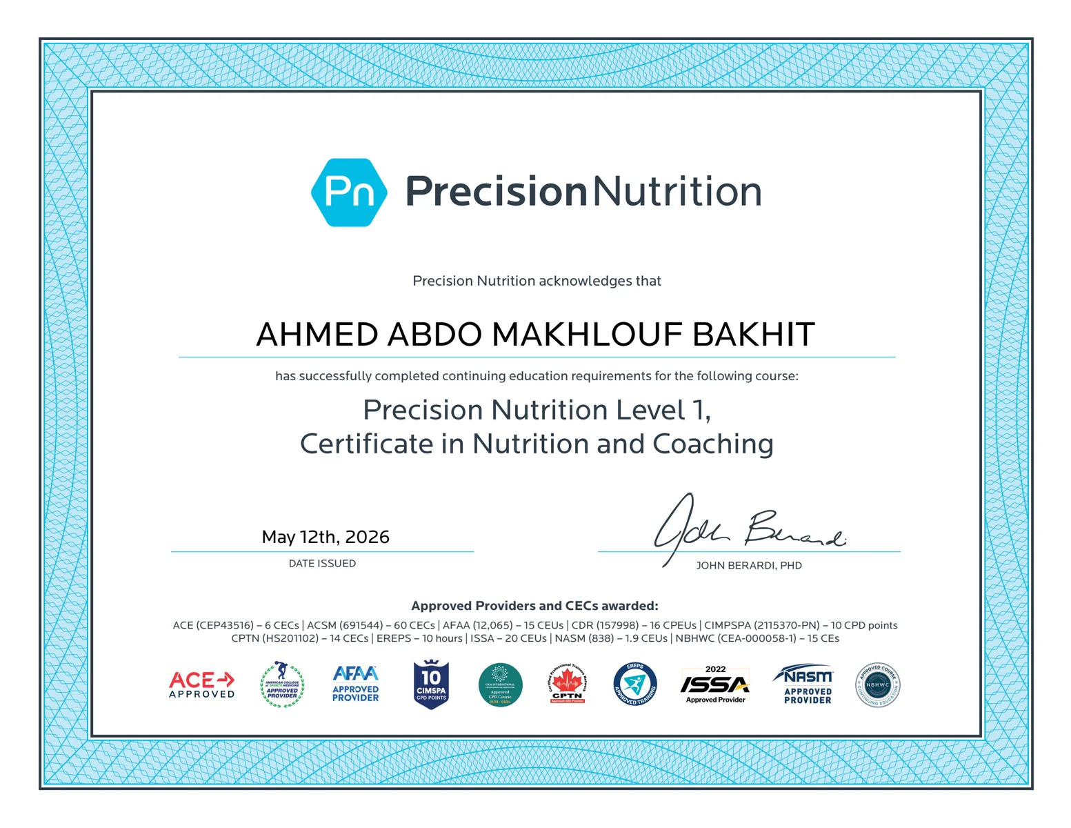 Precision Nutrition Level 1 Nutrition and Coaching CEC certificate