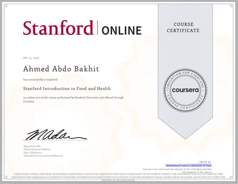 Stanford Introduction to Food and Health certificate